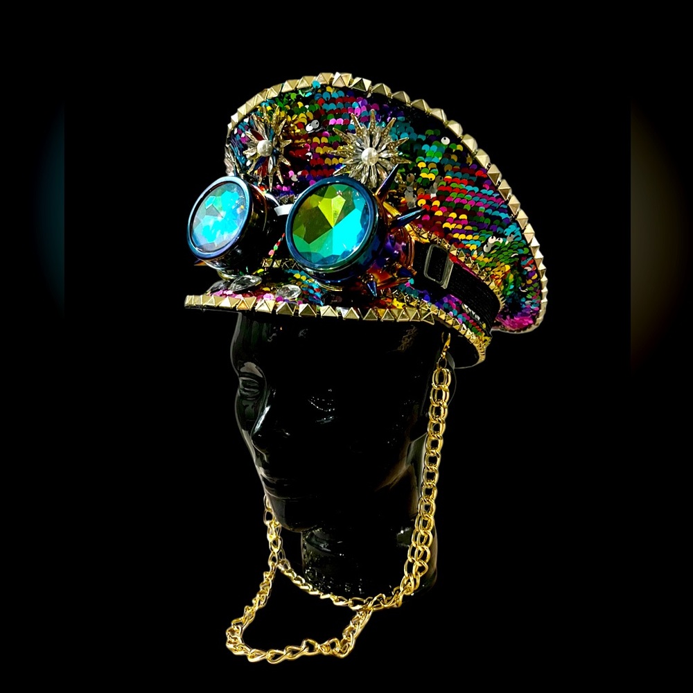 Rainbow festival sequin captains hat